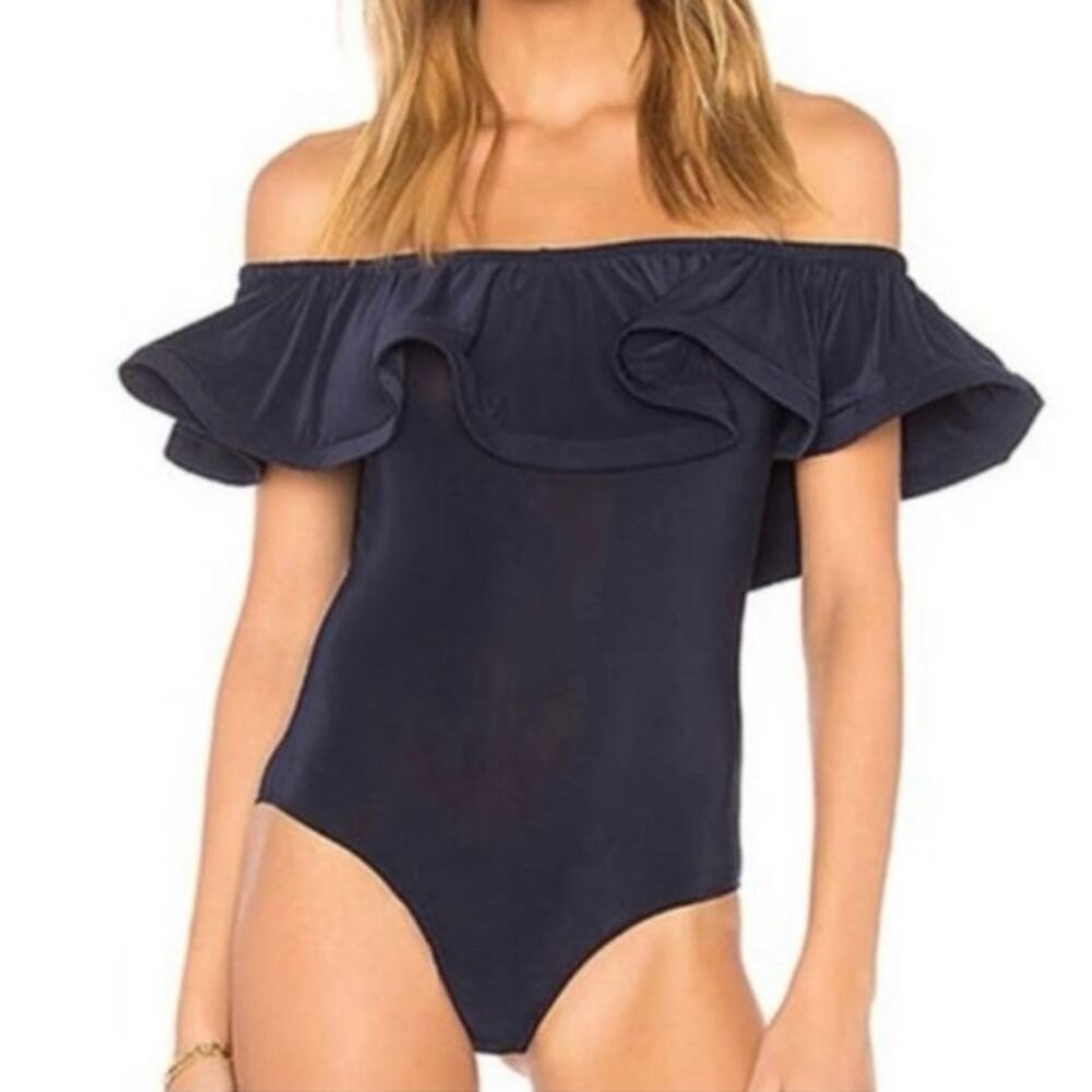 Misa Los Angeles Navy Blue Lyda Stretch Crepe Ruffle Bodysuit Size Large